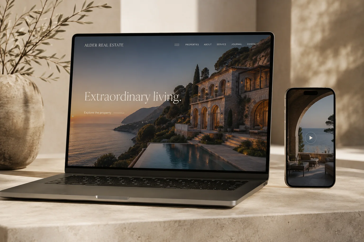 A bespoke luxury real estate website with cinematic property photography, shown on a laptop beside a matching phone video