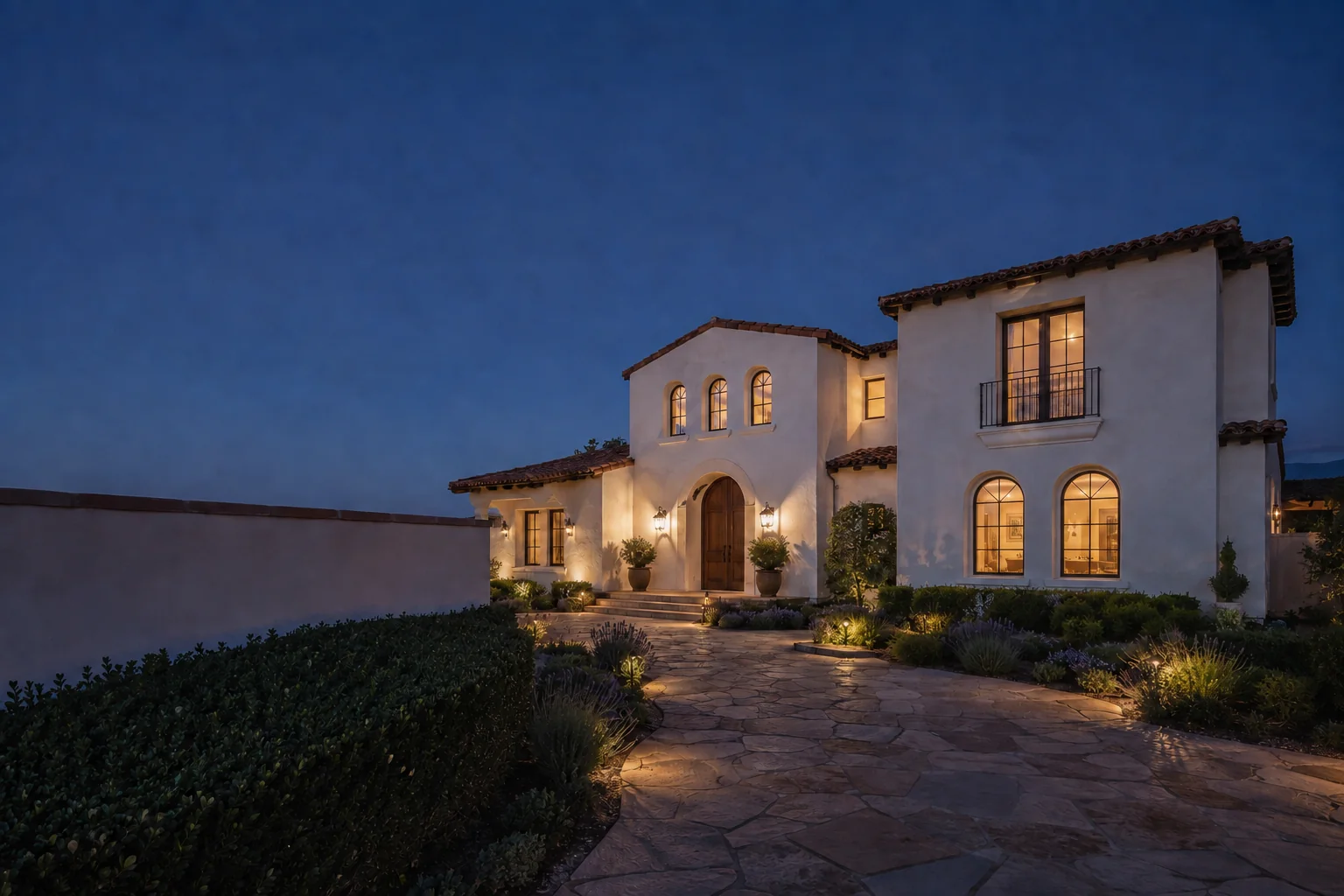 A welcoming Mediterranean luxury home with arched windows, low landscaping, and warmly lit rooms at dusk