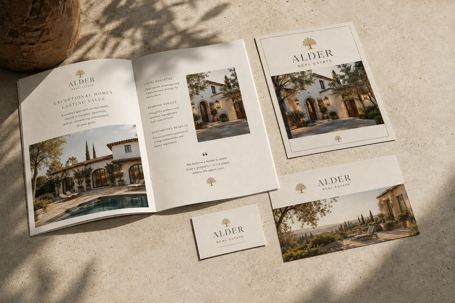 An illustrative listing campaign with a slim paper sales pamphlet, property flyer, postcards, and business cards