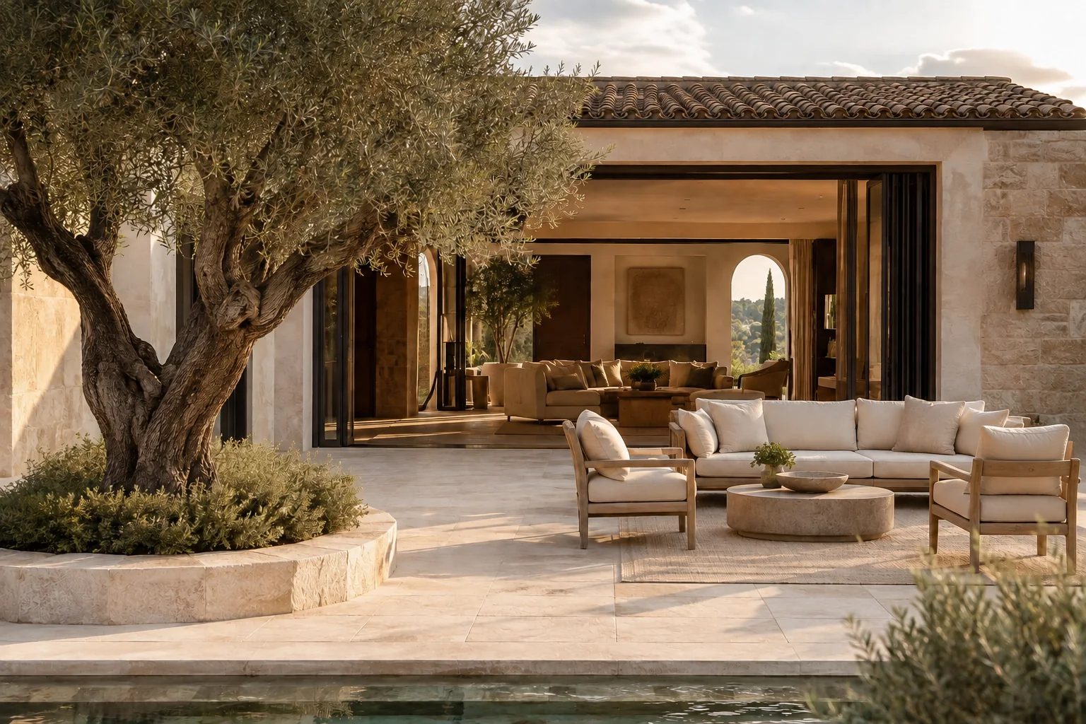 A sunlit limestone terrace with an olive tree and complete lounge seating at a luxury Mediterranean home