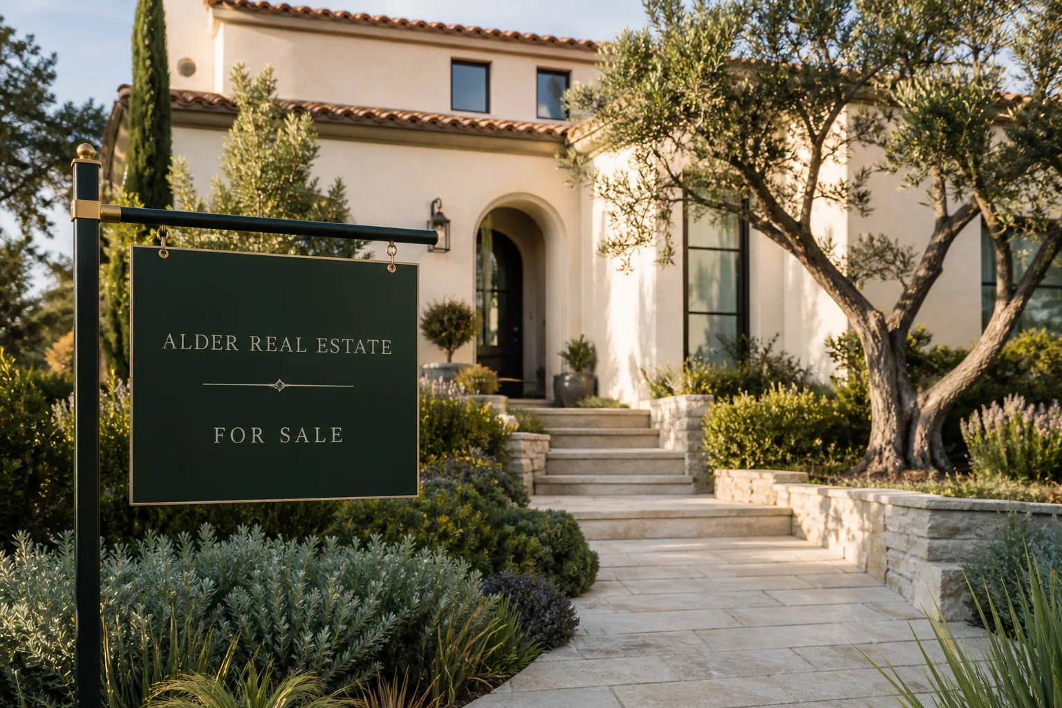 An elegant real estate yard sign outside a Mediterranean-style luxury home